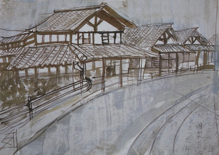 須田剋太画『亀田郷のかつての水路が舗装道路となった街』